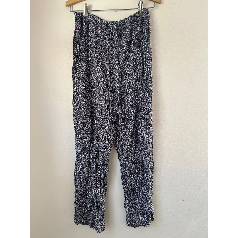 Vintage IN MODA Women's S Black Floral Print Palazzo‎ Pants Elastic Waist Casual